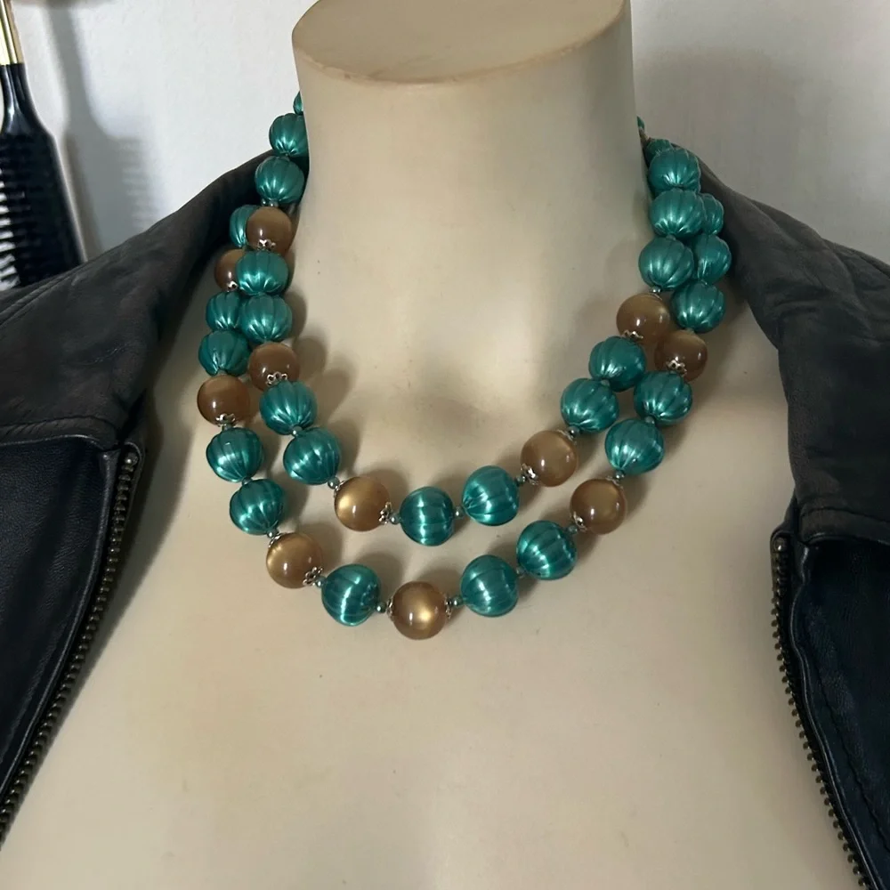 Vintage Double-Strand Green & Gold Bead Necklace